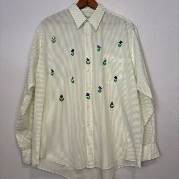Vintage XL Lime Green Striped Button Down Embroidered Bugs Flowers Rhinestones - Picture 9 of 11